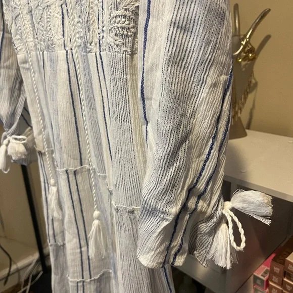 NWT RAGA Fleri White and Blue Striped Floral Embroidered Tie Long Sleeve Dress - Picture 5 of 13
